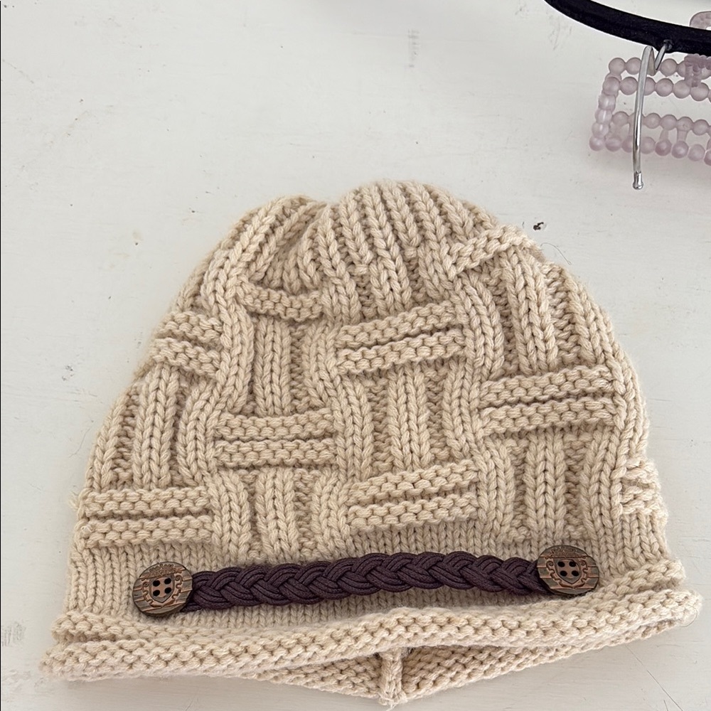 Beige Knit Beanie with Brown Accent